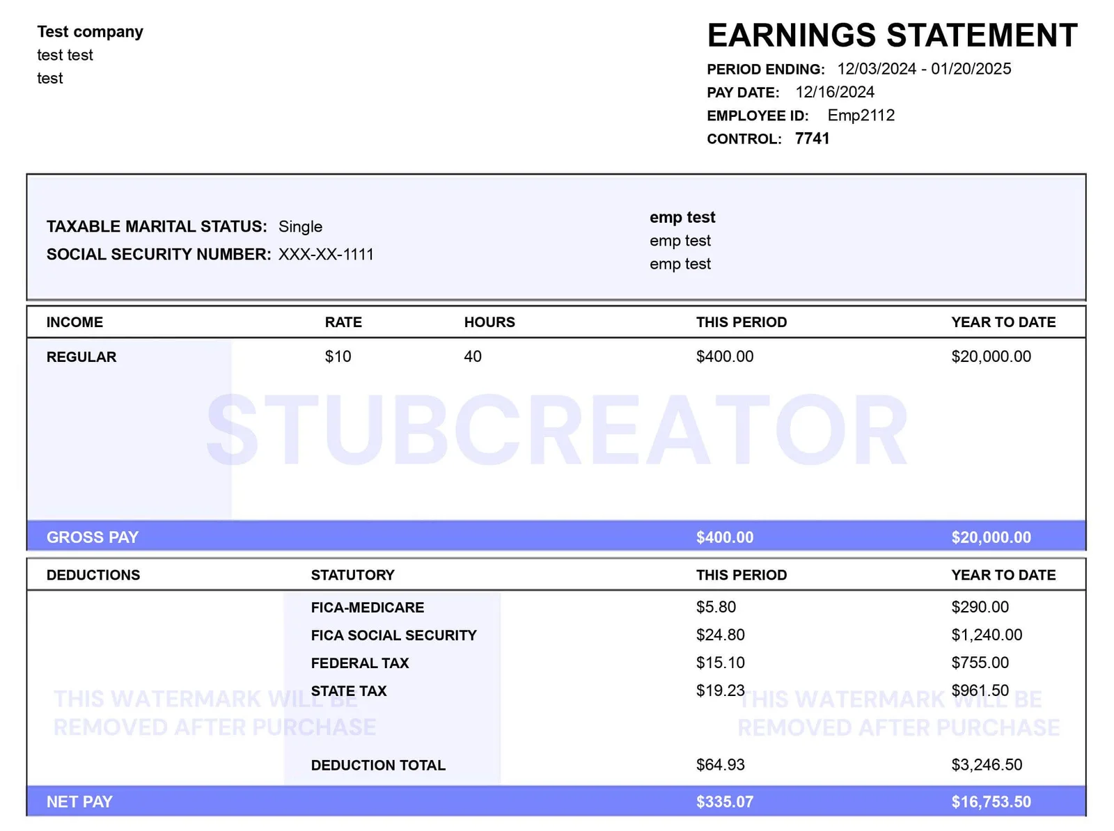 ADP pay stub template for sample company payroll statement