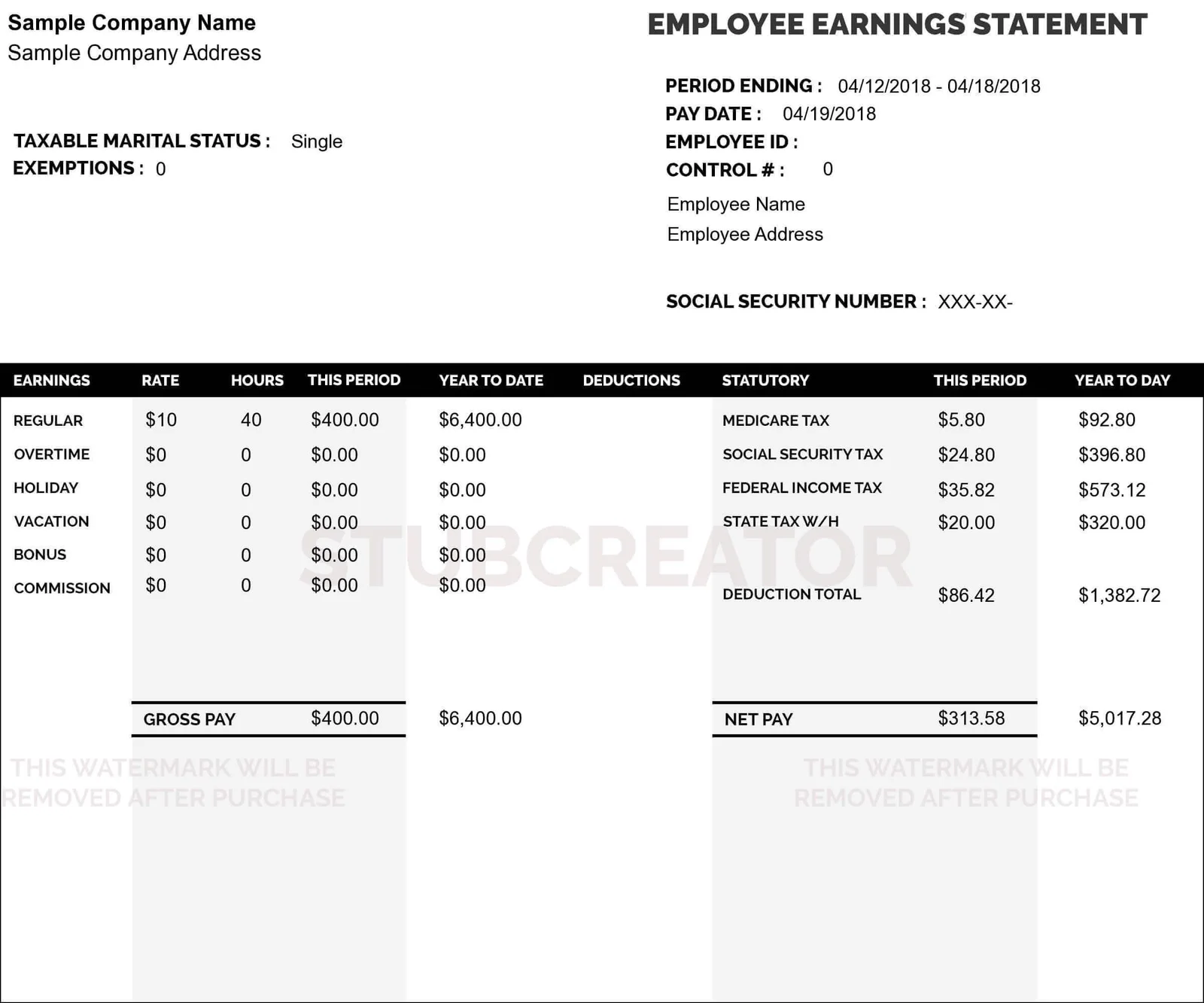Advance pay stub template for sample company payroll statement