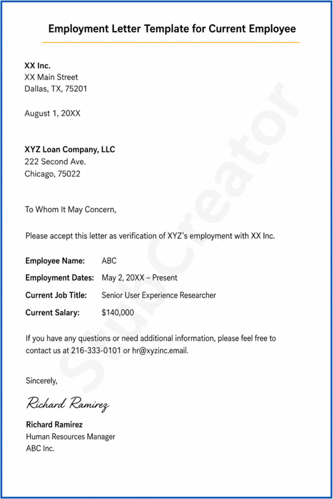 Employment Letter Template for Current Employee