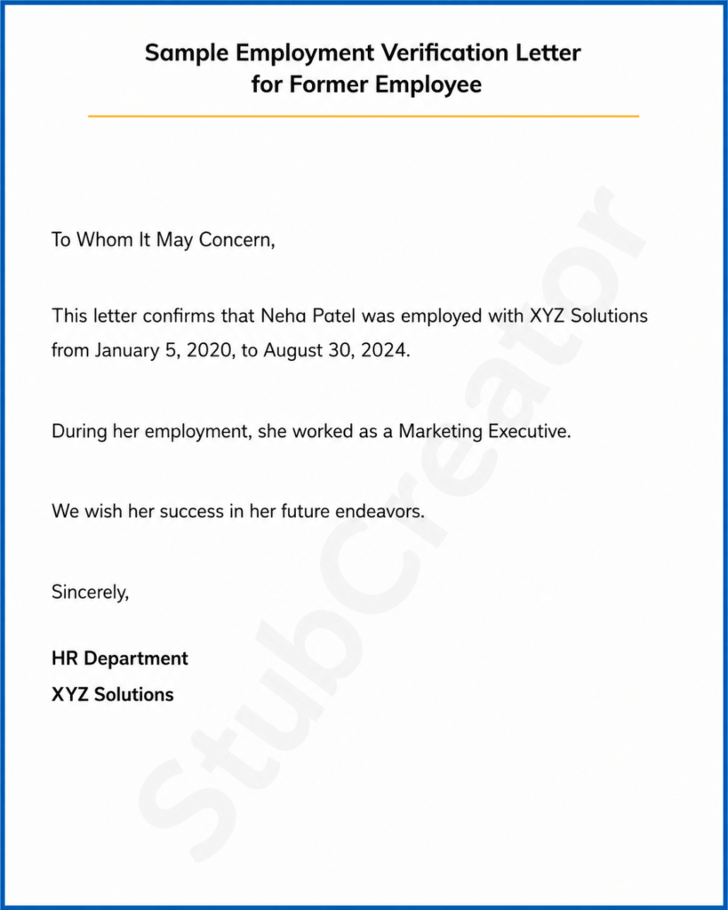 Sample Employment Verification Letter for Former Employee