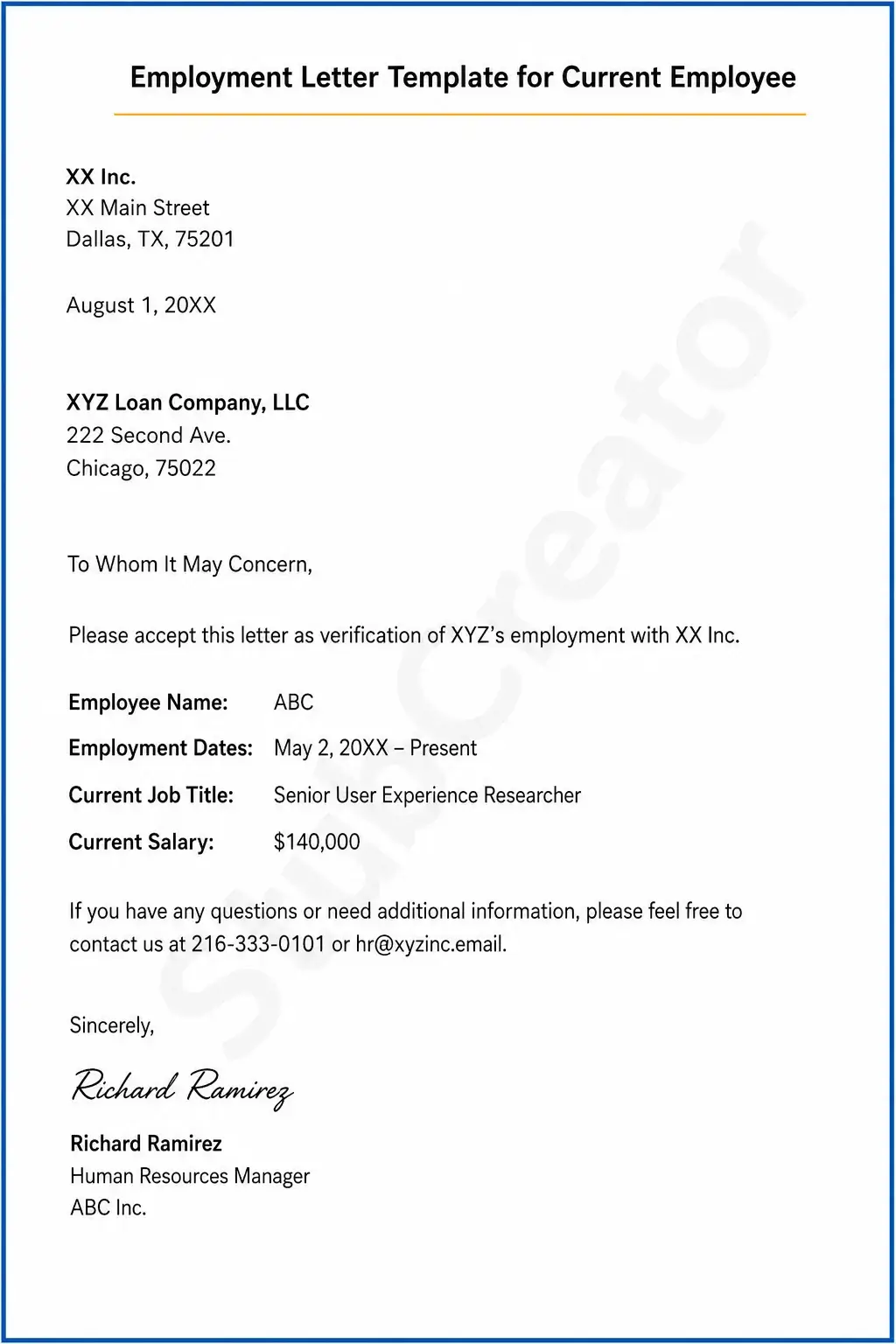 Employment Letter Template for Current Employee